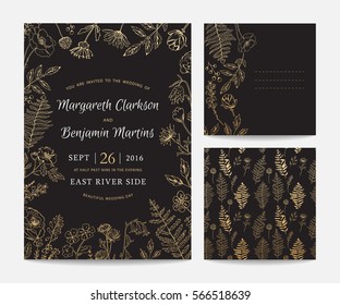 Vintage vector frame. Botanical wedding invitation with wild flowers. Old botanical illustration style. Gold and Black.