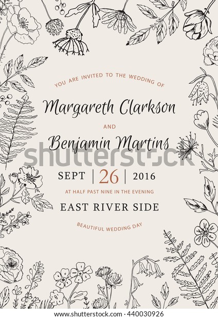 ビンテージベクター画像フレーム 野草の花を持つ植物の結婚式の招待状 古い植物イラストスタイル 白黒 のベクター画像素材 ロイヤリティフリー