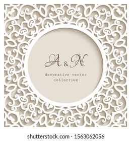 Vintage vector frame with crochet lace pattern, cutout paper background, elegant decoration for wedding invitation card or packaging design. Template for laser cutting. Place for text.