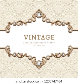 Vintage vector frame with diamond jewellery border pattern, elegant vignette, jewelry gold flourish decoration for wedding invitation card or announcement design with place for text