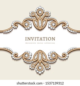 Vintage vector frame with diamond jewellery border pattern, elegant vignette, jewelry gold flourish decoration for wedding invitation card or packaging design with place for text