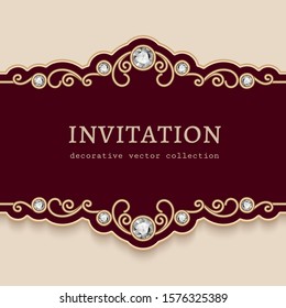 Vintage vector frame with diamond jewellery border pattern, elegant flourish vignette, jewelry gold belly band decoration for wedding invitation or save the date card design with place for text svg