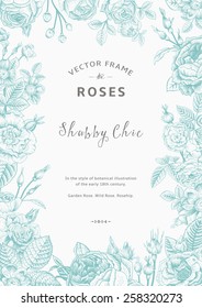 Vintage vector frame. Garden and wild roses. In the style of an old botanical illustration. Mint and gray color.