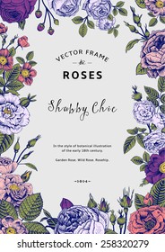 Vintage vector frame. Garden and wild roses. In the style of an old botanical illustration. Colorful.