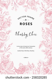 Vintage vector frame. Garden and wild roses. In the style of an old botanical illustration. 