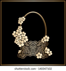 Vintage vector frame, gold basket with flowers on black