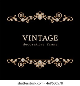 Vintage vector frame with gold border, divider, header, diamond jewelry vignette on black background, eps10