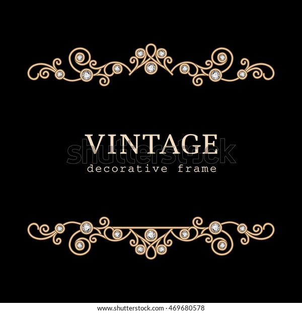 Vintage vector frame
with gold border, divider, header, diamond jewelry vignette on
black background,
eps10