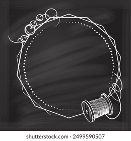 Vintage vector frame with a retro style thread spool and beads on a chalkboard background, perfect for sewing, crafting, and DIY, evoking nostalgia and creativity. Ideal for craft and sewing fans