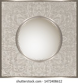 Vintage vector frame with round hole, ornamental swirly background, elegant silver decoration for packaging design. filigree lace pattern for wedding invitation or gift card. Place for text.