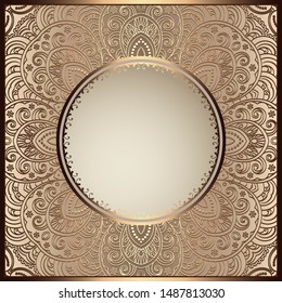 Vintage vector frame with round hole, ornamental swirly background, elegant gold decoration for packaging design, filigree lace pattern for wedding invitation or gift card. Place for text.