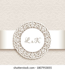 Vintage Vector Frame With Round Lace Label And Silk Ribbon. Circle Badge With Shadow On Embossed Paper Background. Wedding Invitation Or Greeting Card Template. Place For Text. 