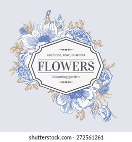 Vintage vector frame with summer flowers. Anemone, rose, eustoma, eryngium.