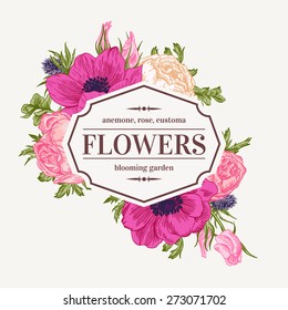 Vintage vector frame with summer flowers. Anemone, rose, eustoma, eryngium.