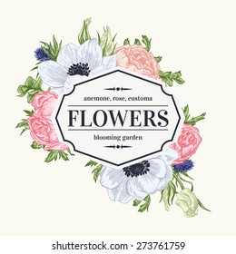 Vintage vector frame with summer flowers in pastel colors. Anemone, rose, eustoma, eryngium.