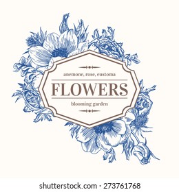 Vintage vector frame with summer flowers in blue. Anemone, rose, eustoma, eryngium.