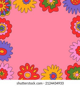 vintage vector frame template in hippie style.70s and 60s funky and groovy post.Psychedelic social media with flowers shapes.Vibrant square for wallpaper and back.Low contrast.Retro text box