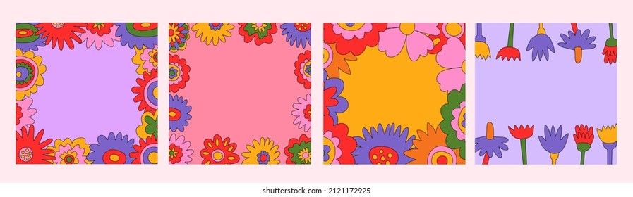 vintage vector frame templates in hippie style.70s and 60s funky and groovy posts.Psychedelic social media with flowers shapes.Vibrant square for wallpaper and back.Low contrast.Set of retro text box