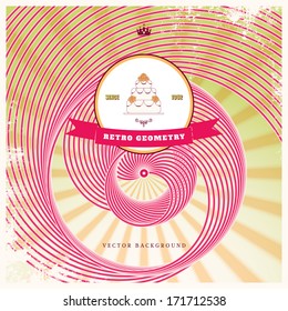 Vintage vector geometric poster. Advertise bakery in retro style. Cake with roses. Old background with rays and spirals. Place for your text.