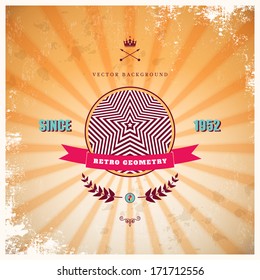 Vintage vector geometric poster in retro style. Old background with sunrays. Place for your text.