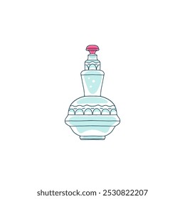 Vintage vector glass perfume bottle with a beautiful pattern and lid on a white background. Glass design with fragrant liquid for luxury perfumes and aromatherapy.
