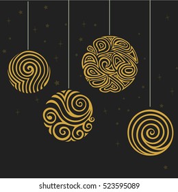 Vintage vector with gold Christmas balls on the blsck background.