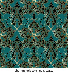 Vintage vector green seamless pattern background wallpaper with black and gold  antique decorative floral pattern ornaments in arabian style. Endless luxury fabric texture.
