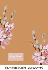 Vintage vector greeting card with Happy Easter holiday. Beautiful pink flowers.