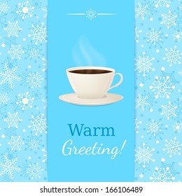 Vintage vector greetings card with cup of hot drink. Blue seamless snowflake background. 