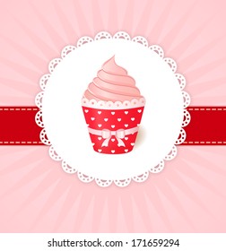 Vintage vector greetings card. Pink cream cupcake with ribbon