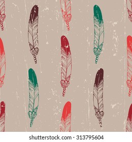 Vintage vector grey background with color feathers