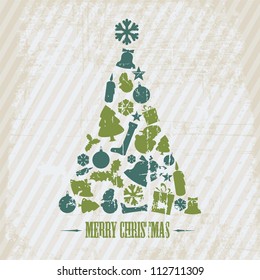 Vintage Vector Grunge Christmas tree made from various shapes (blue and green)