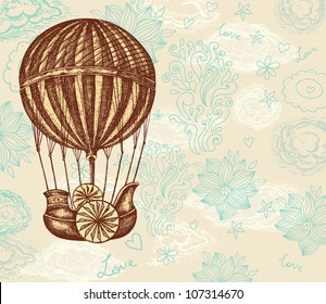 Vintage vector hand drawing balloon with clouds