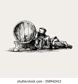 vintage vector hand drawing of beer barrel with drunk man for pub menu illustration or sign