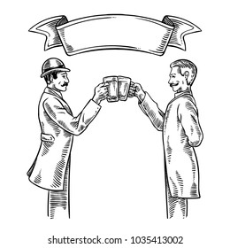 vintage vector hand drawing of cheers two men with beer and ribbon for pub menu bar