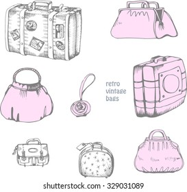 vintage vector hand drawing set of suitcase and bags for traveling, voyage and fashion design 