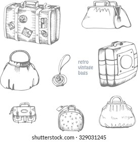 vintage vector hand drawing set of suitcase and bags for traveling, voyage and fashion design 