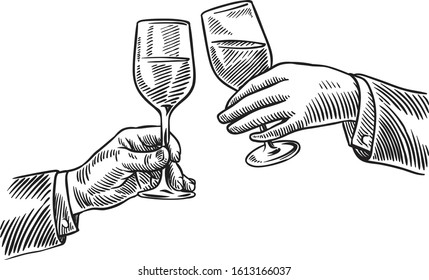 Vintage Vector Hand Drawing Of Toasting Cheers With Wine For Label, Logo, Menu, Card