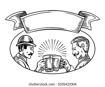 Vintage vector hand drawing of two men toasting with beer with ribbon for label pub menu