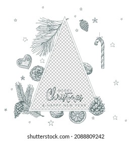 Vintage Vector Hand Drawn Christmas Card With Family Photo Placeholder - Customizable Editable Family Christmas Card Layout Template - White Version With Triangle And Gray Elements