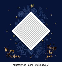 Vintage Vector Hand Drawn Christmas Card With Family Photo Placeholder - Customizable Editable Family Christmas Card Layout Template - Blue Version With Yellow Elements