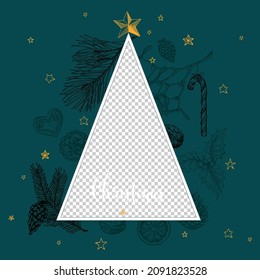 Vintage Vector Hand Drawn Christmas Card With Family Photo Placeholder - Customizable Editable Family Christmas Card Layout Template - Dark Blue Version With Triangle And Dark Elements