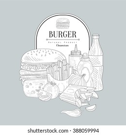 Vintage-Vektor-Design-Karte mit schnellem Lebensmittelset 