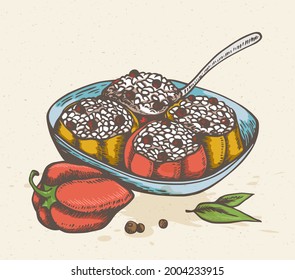 Alimentos extraídos a mano por vectores vintage. Carne rellena de pimienta y arroz