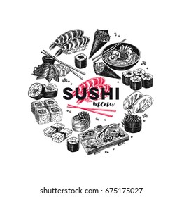 Vintage vector hand drawn Japanese food sketch Illustrations set. Retro style. Sushi bar menu.
