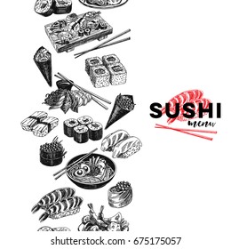 Vintage vector hand drawn Japanese food sketch Illustration.. Retro style Seamless border. repeating background. Sushi bar menu.
