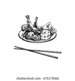 Vintage vector hand drawn Japanese food sketch Illustration. Retro style. Tempura. Sushi bar.
