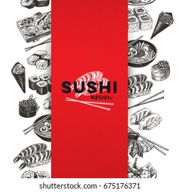 Vintage vector hand drawn Japanese food sketch Illustrations set. Retro style. Sushi bar menu.
