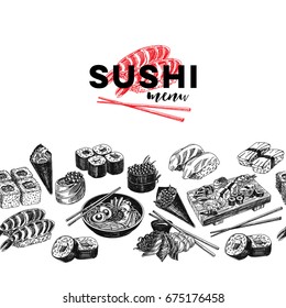 Vintage vector hand drawn Japanese food sketch Illustration.. Retro style  border. Sushi bar menu.
