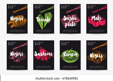 Vintage vector hand drawn Japanese food sketch cards set. Retro style. Sushi bar menu collection.
Chalkboard